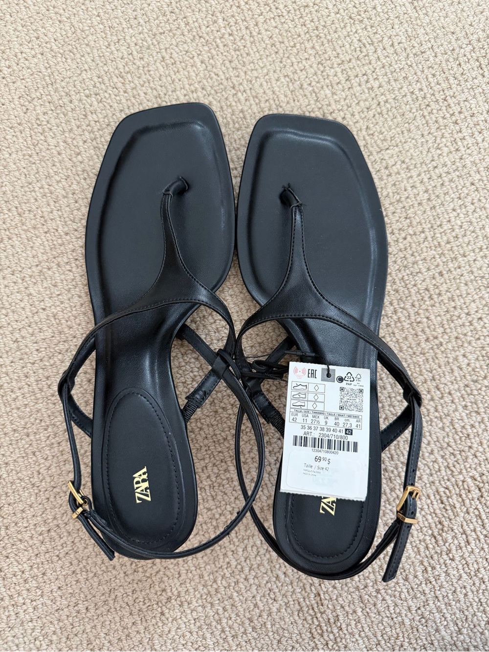 ZARA Black Minimalist Toe-Loop Strappy Sandals